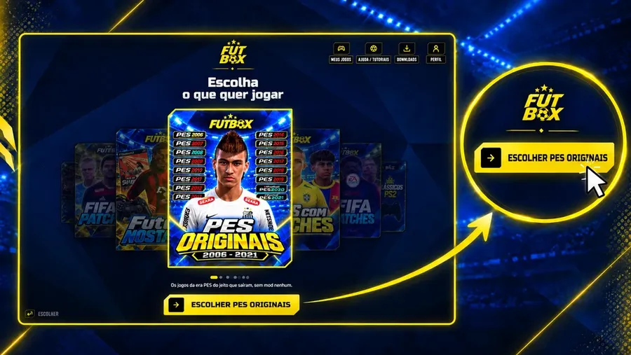Tela da FUTBOX para escolher a categoria de jogos